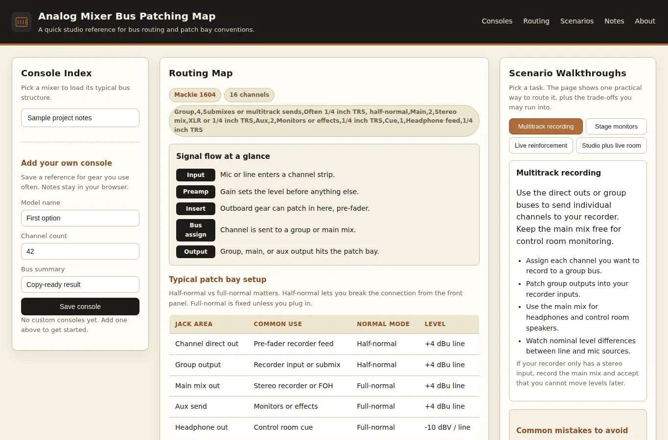 Screenshot of Analog Mixer Bus Patching Map interface showing the project page in use